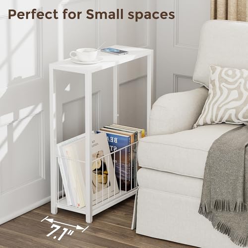Homleke Narrow Side Tables Set of 2 with Magazine Holder, Skinny End Tables Perfect for Small Spaces, Space-Saving Design for Living Room, Bedroom, or Office, 7.1" D x 16.9" W x 23.6" H, White - color: White - Standard
