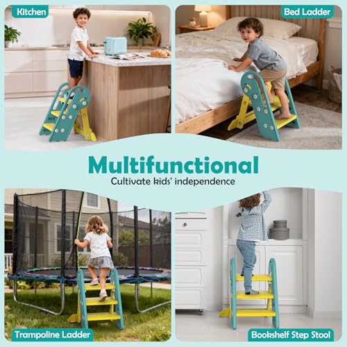 Onasti Folding Step Stool with Adjustable Height, 3-Step Converts to 2-Step, Sturdy Anti Slip Bathroom Step Stool for Toilet, Bathroom Sink, Kitchen Counter, Space Saving Design for Home Use- Green - color: Green Yellow