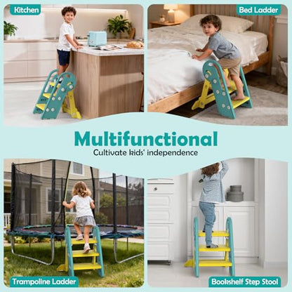 Onasti Folding Step Stool with Adjustable Height, 3-Step Converts to 2-Step, Sturdy Anti Slip Bathroom Step Stool for Toilet, Bathroom Sink, Kitchen Counter, Space Saving Design for Home Use- Green - color: Green Yellow
