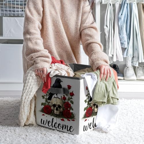 Raven Skull Roses Foldable Storage Box with Handle Organizer Containers for Home Office Clothes Office Supplies - color: style-1