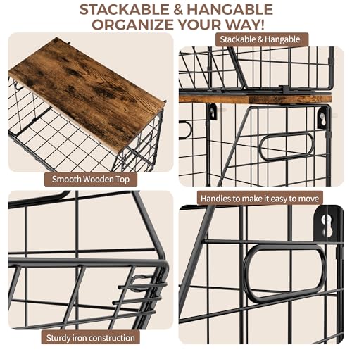 Delamu Stackable Metal Fruit Basket with Wood Lid 2 Pack, Hanging Wall Organizer for Kitchen Counter, Pantry Storage for Onions, Potatoes, Garlic, Fruits, Spices, Black - size: 2 Pack