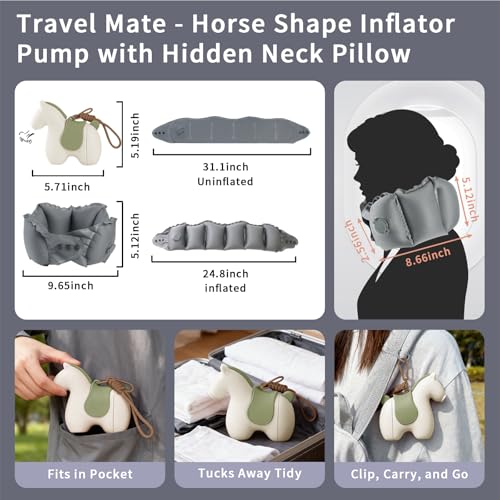 Inflatable Travel Neck Pillow with Adjustable Neck & Chin Support, 2-in-1 Built-in Pump and Storage Bag – Lightweight, Ideal for Airplane, Train, Car, Travel, Office, Home(Khaki) - color: Khaki