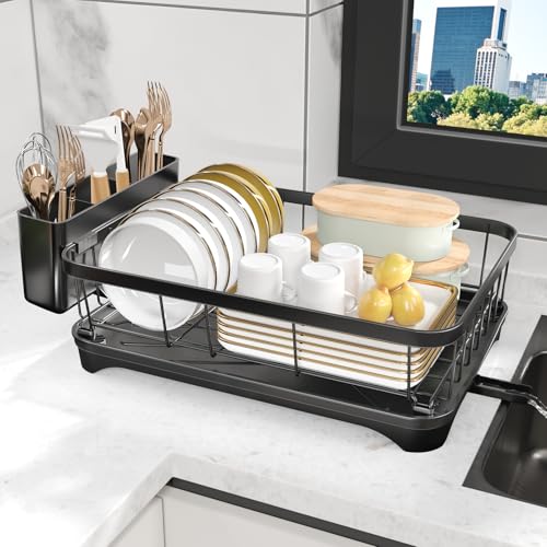 Dish Drying Rack for Kitchen Counter – Large Capacity Single Tier Dish Drainer with Utensil Holder & Cutlery Tray, Space Saving Countertop Organizer, Black - color: Single Tier - Black