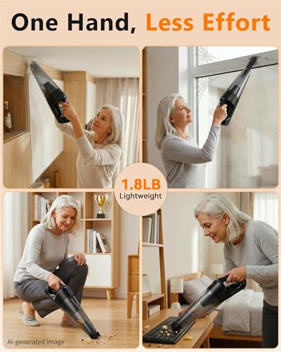 15-Min Fast Cleaning 120㎡ Room Handheld Vacuum Cordless - 26000Pa Strong Suction with Brushless Motor 18-36 Min Runtime Portable Vacuum - 1000mL Dust Cup One-Touch Emptying - Ease Use for Debris Hair