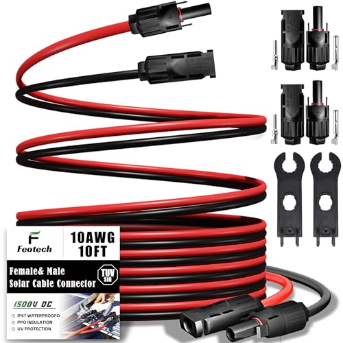 Twin Wire 10FT Solar Extension Cable - 10AWG (6mm²) Solar Panel Connector, with IP67-Male/Female Solar connectors for Outdoor Automotive RV Boat Marine Solar Panel- Black & Red - color: No Sheath, size: 10Ft - 10AWG