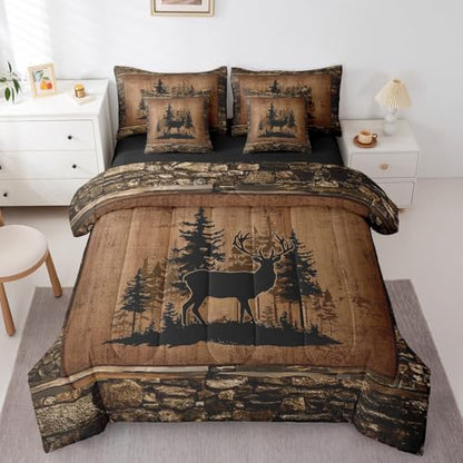 Feelyou Deer Comforter Set with Sheets Queen Size 7 piece Kids Rustic Deer Hunting Bedding Set Cabin Lodge Deer Bed in a Bag Farmhouse Nature Wildlife Antlers Brown Bed Set - color: Brown, size: Queen