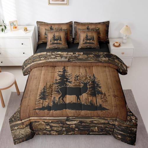 Feelyou Deer Comforter Set with Sheets Twin Size 7 piece Kids Rustic Deer Hunting Bedding Set Cabin Lodge Deer Bed in a Bag Farmhouse Nature Wildlife Antlers Brown Bed Set - color: Brown, size: Twin