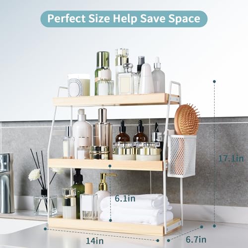 Uneviesyka Bathroom Counter Organizer, 3-Tier Standing Storage Shelf with Basket, Wood Tray for Skincare Vanity Organizer(White) - style: 3 Tier White