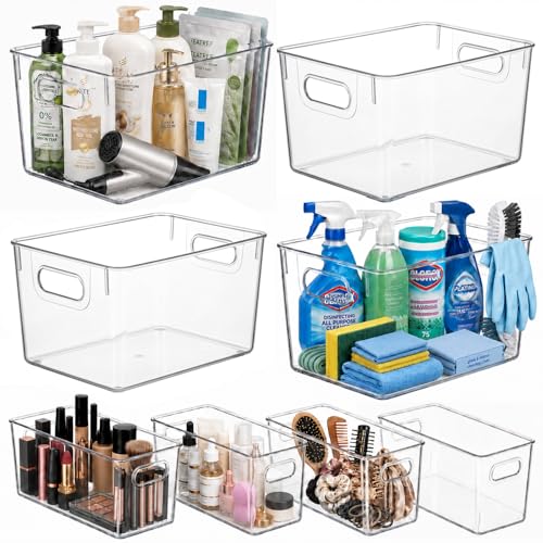 MOONEDGE 8 Pack Modular Clear Plastic Storage Organizer Bins – 4 Large & 4 Narrow, Nestable Space-Saving System for Pantry, Kitchen, Fridge, Bathroom & Cabinet Organization - Versatile & Easy to Use - color: 4 PK & Small 4 PK