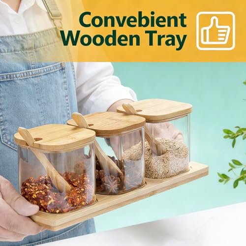 Bamboo Spice Jar Set with Wooden Lids and Spoons, Glass Condiment Containers with Serving Tray, Kitchen Storage Organizer for Seasonings, 3-Piece (Light Brown, 12P Middle) - size: 12P Middle