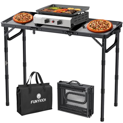 FUNYKICH 3ft Folding Grill Table for Outside 34.2''x15.7'', 3 Height Adjustable Portable Camping Tables, Lightweight Metal Aluminum Outdoor Table with Carry Handle for Camping, Picnic, BBQ, Black - color: Black, size: 34.2''x15.7''x27.5''