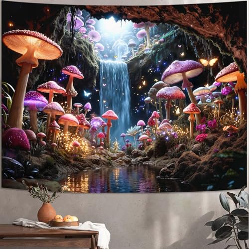Zussun Fantasy Mushroom Waterfull Tapestry Fairy Butterfly Cave Wall Tapestry for Bedroom Aesthetic Nature Magic Floral Small Tapestries Wall Hanging for Dorm Living Room Decor 60 x 44 Inch - color: Cold Red, size: 60"L x 44"W