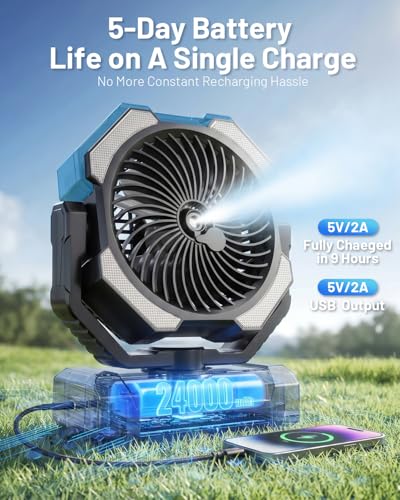 Misting Fan, Portable Camping Fans with 9oz Water Tank, 24000mAh Rechargeable Fan with 4 Speed, Battery Powered Fans with 120H Cooling, Last 5H Mist, 2 Mist Modes, Light, Outsides/Summer Essential - color: Black