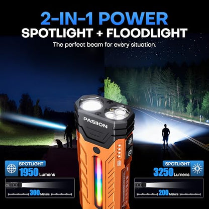 EDC Rechargeable Flashlight 3250 Lumens with RGB Light,55 Modes Multifunctional Flat Flashlight with Floodlight,Spotlight and Magnetic Base,Waterproof USB C Flashlight for Camping,Home,Emergencies - size: Orange