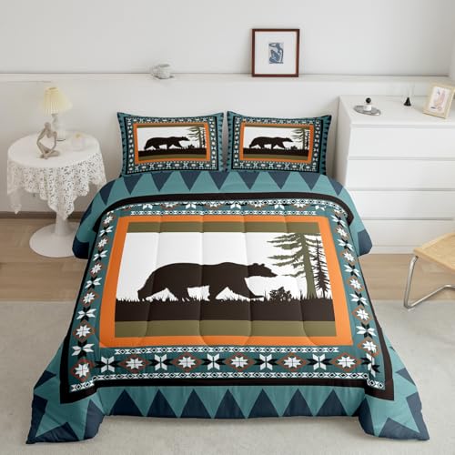 Erosebridal Bear King Comforter Set, Rustic Farmhouse Bedding Sets for Kids Boys Teens Adult Women Bedroom Decor, Cabin Country Duvet Insert Tribal Exotic Wildland Animal Down Comforter, Blue - color: Multi 02, size: King