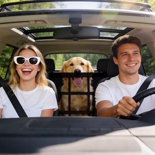Dog Car Net Barrier,9-Grid Reinforced,Easy Install | Double mesh with zipper storage,Universal fit for SUVs, sedans & trucks,Breathable for AC flow,Keeps dogs safely in back.