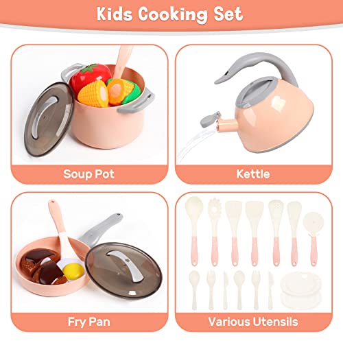 CUTE STONE Toy Kitchen Accessories Set, Play Food Sets for Kids Kitchen, Kids Cooking Sets with Play Pots and Pans, Utensils Cookware Toys, Toddler Kitchen Playset, Play Kitchen Toy for Girls Boys - style: Pink Cooking Set