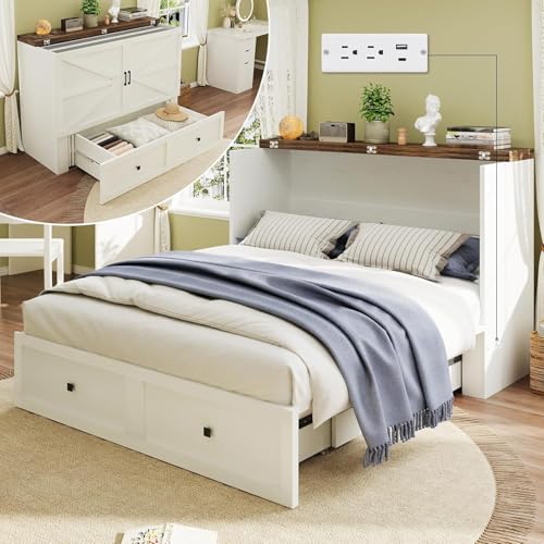 LUXOAK Full Size Murphy Bed with Charging Station, Cabinet Bed with Large Storage Drawer for Home Office or Small Room, Full Foldable Platform Bed, White - color: White, size: Full