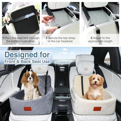 WOOAIDAGG Dog Car Seat for Under 30lbs Dogs,Comfy Febric Fill in Memory Foam,Washable and Detachable Pet Travel Car Bed,Anti-Slip Bottom,2 Safety Leashes & Storage Pockets(Beige) - color: Beige