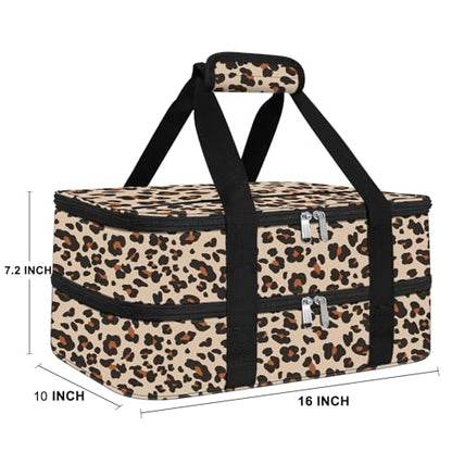 esouler Double Insulated Casserole Carrier Bag Hot & Cold Food Carrier Bag Lasagna Holder Lunch Bag for Picnics, Parties, Travel, Fits 9 x 13 Inches Casserole Dish-Leopard - color: Leopard, size: 16x10x7.2 in