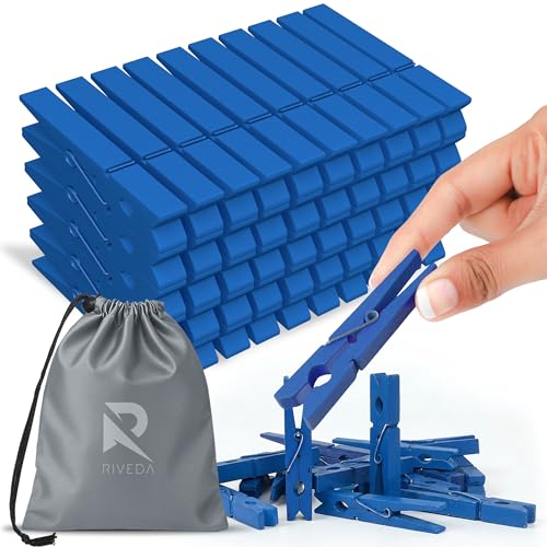 RIVEDA 50pcs Colored Wooden Clothes Pins, 2.9inch, Clothespins for Classroom, Clip Hanging Photos, DIY Clips for Crafts, Decorations (Dark Blue) - color: Dark Blue