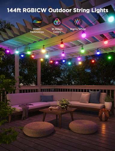 Govee Smart Outdoor String Lights 2, 144ft Outdoor Lights with Dimmable Warm White LED Bulbs, 47 Scene Modes for Patio, Backyard, Balcony, IP65 Waterproof, Works with Alexa, App Control - size: 144ft