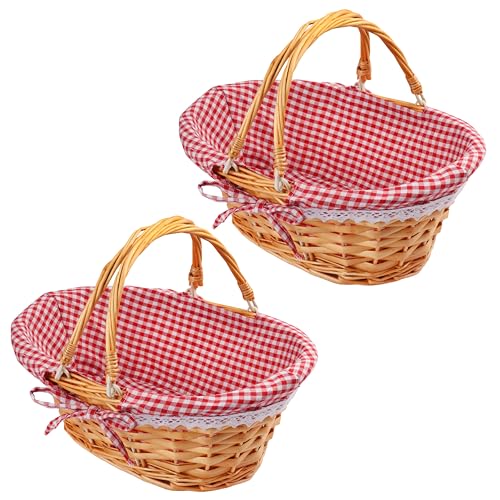 GNIEMCKIN 2 Pack 12.6 Inch Wicker Basket with Handle, Wicker Picnic Baskets with Red Checkered Liner, Oval Willow Woven Basket for Fruit, Wine, Wedding, Picnic(Natural Color) - size: 2 Pack 12.6 Inch Natural color