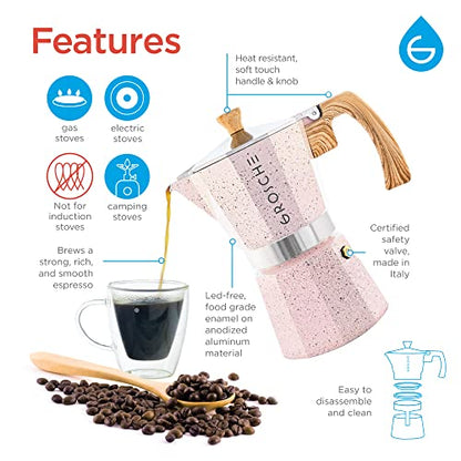 GROSCHE Milano Moka pot, Stovetop Espresso maker, Greca Coffee Maker, Stovetop coffee maker and espresso maker percolator (Pink, 3 cup) - color: Pink, size: 3 espresso cups