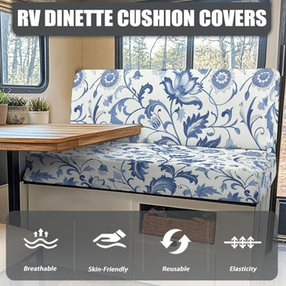 RV Dinette Cushion Covers, Stretchable Camper Cushion Covers Washable Blue Leaves Rv Sofa Slipcovers Furniture Protector with 1 Backrest Cover & 1 Bench Cover - color: Blue Leaves