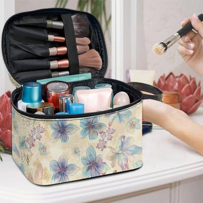 Cosmetic Bags Dragonfly Flower Printed Makeup Organizer Case for Women Ladies Multifunctional Toiletry Bursh Holder Purse Bathroom Receive Bag - color: Dragonfly Flower