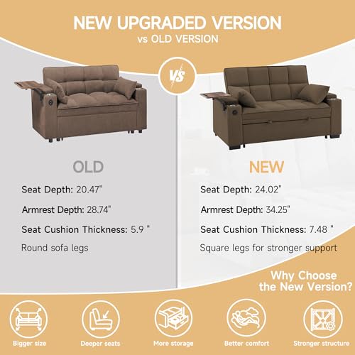 hansones 65'' 3-in-1 Folding Convertible Sofa Bed, Pullout Sofa, Modern Chenille Fabric, 360° Swivel Side Table, Easy Assembly, Perfect for Living Room(ZY-1107A-Brown)