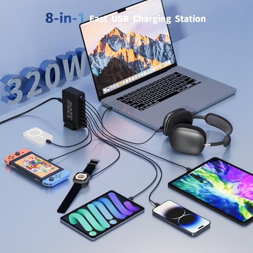 320W USB C Charging Station, 8-Port GaN III Desktop Charger Block, 100W PD Fast Laptop Power Adapter Hub with 5FT Cable for Multiple Devices, Compatible with MacBook Pro/Air, iPhone 17/16, iPad, Dell