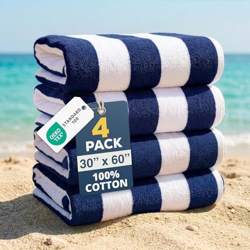 LANE LINEN Beach Towels 4 Pack - Premium 520 GSM Beach Towel – 100% Cotton Ultra Soft, Thick & Highly Absorbent Pool Towels for Seaside & Summer Use - Quick Dry Towel Set for Holiday Travel Use - Blue - color: 01: Blue, size: 4 Pack: 30"x60"