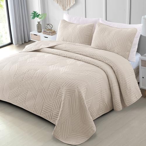 Exclusivo Mezcla Ultrasonic Full Queen Quilt Bedding Set, Lightweight Brich Beige Bedspreads Soft Modern Geometric Coverlet Set for All Seasons (1 Quilt and 2 Pillow Shams) - color: Brich Beige, size: Full/ Queen (90"x96")