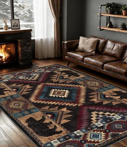 YIHOUSE Rustic Cabin Area Rug for Bedroom 5x7,Machine Washable Lodge Bear Rug,Non-Slip Low Pile Print Pattern Western Rug for Living Room - color: Bear, size: 5'x7' (Rectangular)