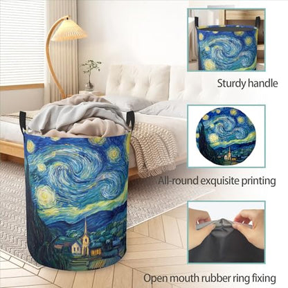 Starry Night Round Laundry Basket Collapsible Laundry Hamper with Handles Toys Clothes Organizer Bin For Home Bathroom Bedroom Dorm Nursery - color: Starry Night
