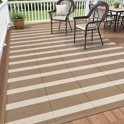 Vaukki Waterproof Outdoor Rug 5x8, Reversible Striped Patio Rug, Lightweight Plastic Straw Camping Mat, Indoor Outdoor RV Carpet for Outsides, Patio, Camping, Balcony, RV and Deck, Brown and Beige - color: Brown and Beige, size: 5' x 8' (Rectangular)