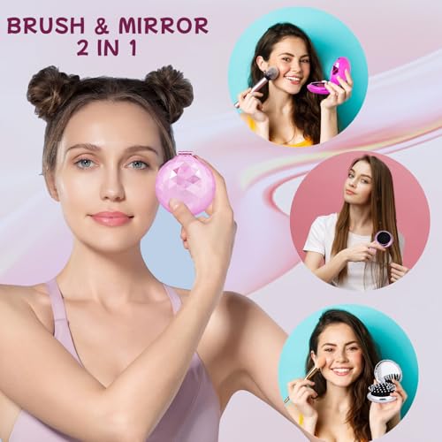 Shinning Diamond Design Folding Hair Brush Travel Hairbrush with Mirror,Pocket Foldable Comb Compact Brush for Purse for Girls and Women (Light Pink) - color: Diamond Light Pink