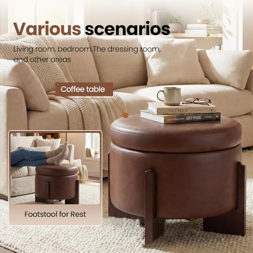Faux Leather Round Ottoman, 22 Inch Storage Ottoman,PU Leather Ottoman,Multi-Functional Footrest for Living Room & Bedroom,Apartments (Dark Brown, Round) - color: Dark Brown