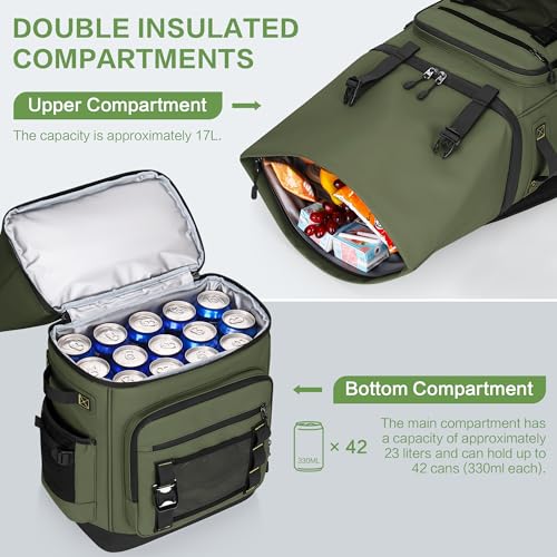 42 Can Backpack Cooler,40L Insulated Double Decker Leakproof, Waterproof Travel Cooler Backpack for Beach Camping Picnic Travel - color: green