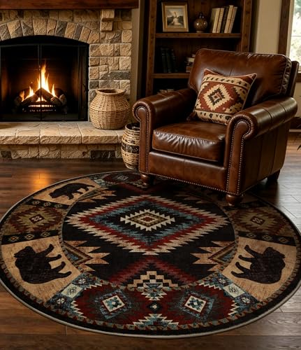 YIHOUSE Southwestern Round Rug 4ft, Low Pile Soft Circle Rug with Non-Slip Backing, Western Rustic Washable Rugs for Living Room, Bedroom - color: Bear, size: 4' (Round)