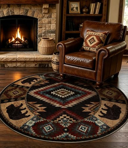 YIHOUSE Southwestern Round Rug 4ft, Low Pile Soft Circle Rug with Non-Slip Backing, Western Rustic Washable Rugs for Living Room, Bedroom - color: Bear, size: 4' (Round)