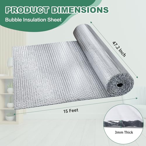 Reflective Bubble Insulation Sheet, Double Side Aluminum Foil Bubble Shield, Aluminum Foil Thermal Insulation Radiant Barrier for Windows, RV, Roof, Garage Door (47IN X 15FT) - size: 47IN X 15FT
