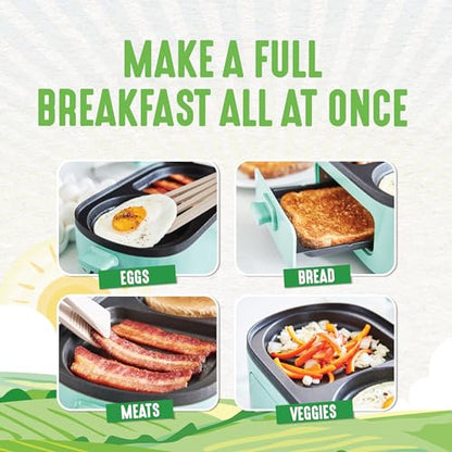 GreenLife 3-in-1 Breakfast Maker Station, Healthy Ceramic Nonstick Dual Griddles for Eggs Meat Sausage Bacon Pancakes and Breakfast Sandwiches, 2 Slice Toast Drawer, Easy-to-use Timer, Turquoise - color: Turquoise