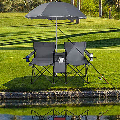 Goplus Double Camping Chair with Umbrella, Folding Loveseat Chairs w/Canopy Shade, Carrying Bag, Table, Cup Holder, Portable Beach Chairs Outdoor Picnic Patio (Grey) - color: Grey