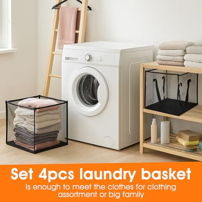 4 Pcs Pop Up Laundry Baskets - Mesh Collapsibles Laundry Hampers Storage with Handle - Foldable for Washing Storage, Great for The Kids Room, College Dorm, Travel Organizer (Black)