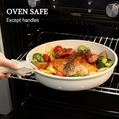 GiPP Non Stick Frying Pans Set Removable Handle, Oven Safe Nonstick Fry Pan Skillets with Detachable Handle, Granite Coating Healthy Cooking Compatible with All Stovetops, PFOA Free, RV Cookware set - color: White, size: 3PCS