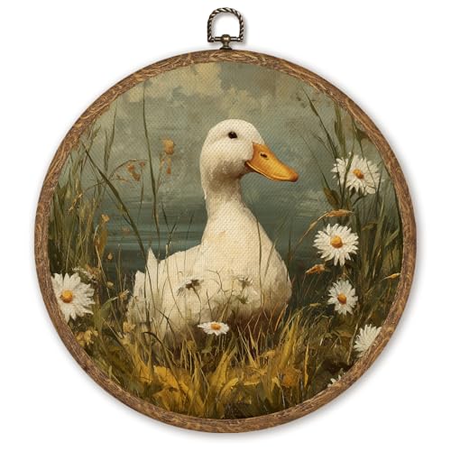 Cute Duck Round Wall Art Decor, Rustic Country Floral Ducks Wall Hanging Linen Prints Artwork Framed, Retro Cottagecore Circular Wall Decor for Kitchen Bedroom Farmhouse, 10x10 Inch (Colorful-Duck02) - color: Colorful-Duck02