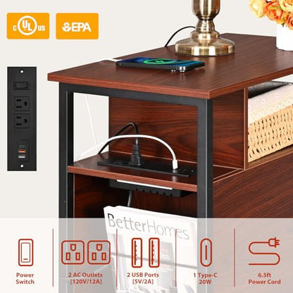 Livofloral Narrow Side Tables with Charging Station, Narrow End Table with Wooden Drawers, USB Ports and Power Outlets, Nightstand and Bedside Table for Bedroom, End Tables Living Room, Espresso - color: Espresso