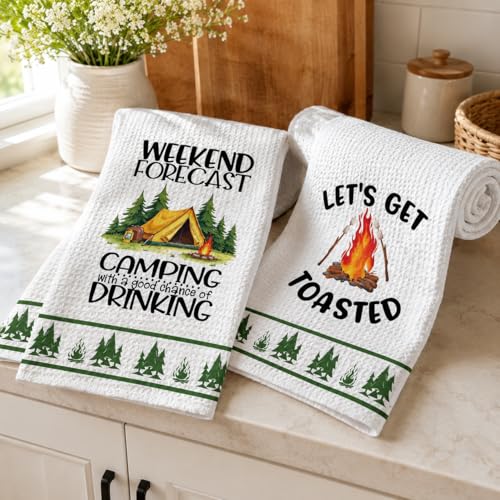 DETIHO 2 Pieces Camping Kitchen Towels, Happy Camper Dish Kitchen Towel - color: Multicolor